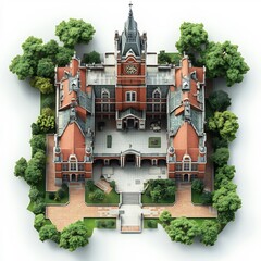 Poster - 3d render top view of classic school with redbrick walls clock tower and green courtyard isolated floor plan on white background