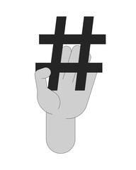 Poster - Hand holding hashtag outline illustration. Categorize content on social media. Keyword phrase microblogging. Hash tag symbol isolated 2D vector image black and white. Monochromatic drawing clip art