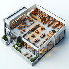 Poster - 3d render top view of student center with stylish cafe areas and open lounge spaces for students detailed floor plan on isolated white background