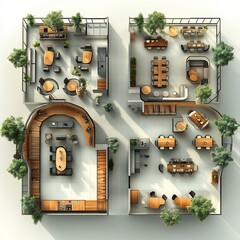 Poster - 3d render top view of student center with stylish cafe areas and open lounge spaces for students detailed floor plan on isolated white background