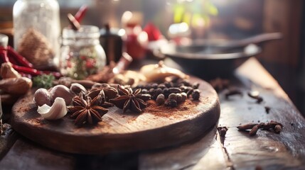 Sticker - Bright Kitchen Scene with Fresh Spices on Wooden Table