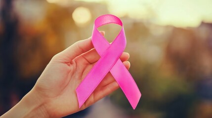 Hand Holding Pink Breast Cancer Awareness Ribbon	