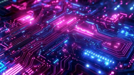 Poster - Colorful electronic circuitry with blue and pink lights illuminating the surface, showcasing a futuristic technology