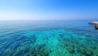 Crystal clear turquoise water with a rocky outcrop on a sunny day.