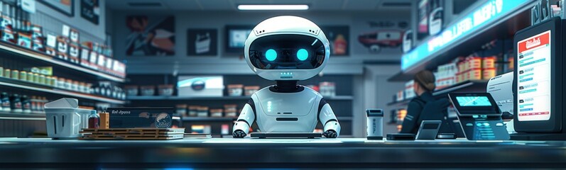 Robot that is sitting at a table in a store, banner, copy space