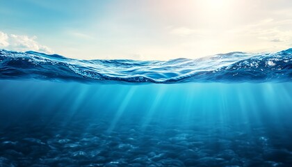  A split view of the ocean surface and underwater with sunlight rays shining through the water.