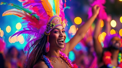 Vibrant carnival celebration with joyful woman in colorful feathered costume at night.