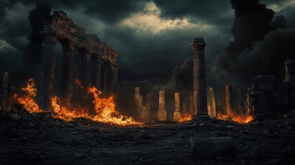 Dark landscape with ancient ruins and eternal fire