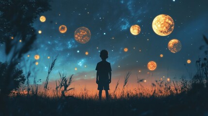 young boy standing among glowing planets under night sky