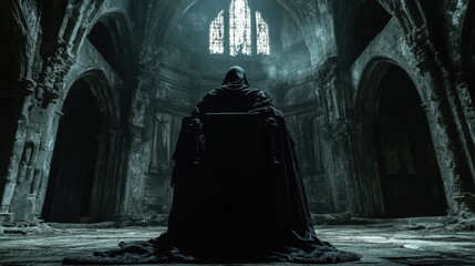 Dark figure sitting on a throne in a shadowy hall