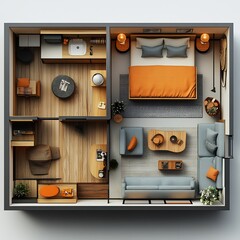 Poster - 3d topdown view of guest room including a daybed with a clearly arranged floor plan shown on a clean