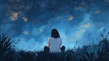 Poster - woman sitting quietly staring up at night sky