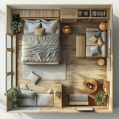 Poster - 3d topdown view of guest room including a daybed with a clearly arranged floor plan shown on a clean white background highlighting the rooms arrangement