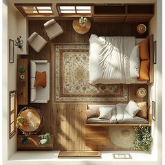 Poster - 3d topdown view of guest room with a daybed detailed floor plan shown on a clean white background showcasing the rooms spatial arrangement