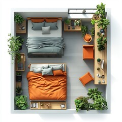Poster - 3d topdown view of minimalist bedroom showcasing a lowprofile platform bed with sparse furnishings and an open layout illustrated on a bright white background emphasizing modern simplicity