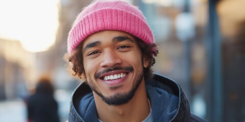 A man with a black hoodie and a pink hat is smiling. He has a beard and is wearing a black jacket