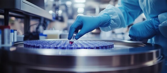 Scientist in Laboratory Handling Vials with Precision in a High-Tech Research Facility