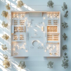 Poster - 3d topdown view of modern convention center featuring expansive open areas for events and multiple presentation rooms with a clear floor plan set against a white background