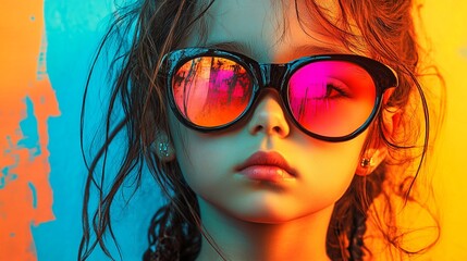 photo portrait of a young little girl with sunglasses pop art street style