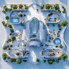 Poster - 3d topdown view of modern convention center featuring expansive open areas for events and multiple presentation rooms with a clear floor plan set against a white background