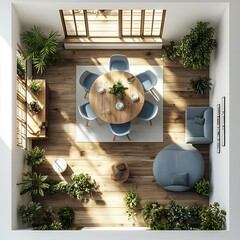 Poster - 3d topdown view of small dining room with a compact table streamlined chairs and a functional floor plan shown on a clean white background showcasing a stylish and practical layout