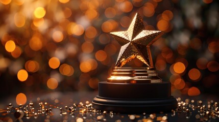 Wall Mural - golden star trophy with bokeh background and glitter details.