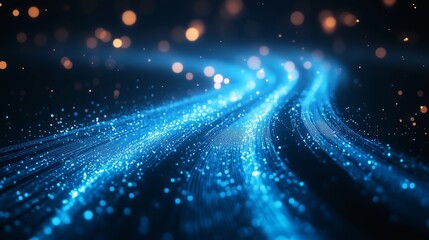 Poster - Blue light rays and fiber optic cables glowing on black background