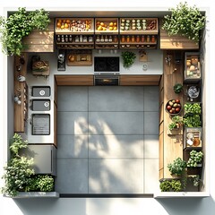 Poster - 3d topdown view of stylish kitchen featuring an island open shelving and a large fridge floor plan displayed on a clean white background showcasing practical design elements