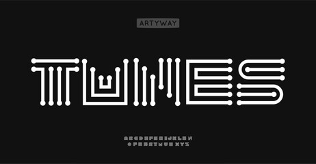 Aufkleber - Tech geometric font, digital circuit pattern letters, maze labyrinth font for futuristic typography, minimal tech branding design, vector typeset.