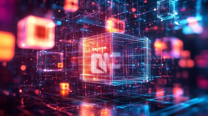 Poster - Abstract background with glowing neon cubes and glass blocks forming an intricate pattern, symbolizing the complexity of data science in digital marketing.