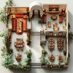 Fototapete - 3d topdown view of ethnic restaurant with separate dining zones for different cuisines a central kitchen and ornate entrance illustrated on a clean white background highlighting the layout