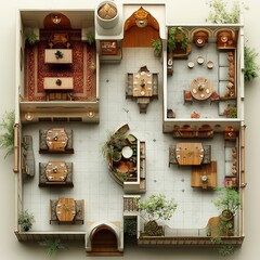Poster - 3d topdown view of ethnic restaurant with separate dining zones for different cuisines a central kitchen and ornate entrance illustrated on a clean white background highlighting the layout