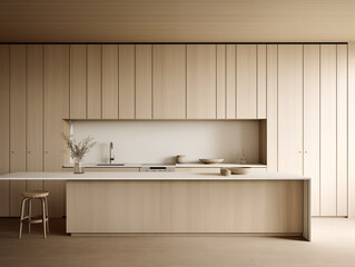 Modern style inspired neutral color kitchen with wood panneling. Wood panneling interior. Light blue colors interior.