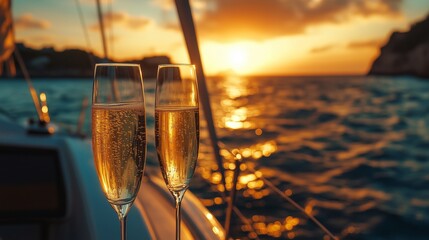 The sun sets over the water, casting warm hues on an elegant sailboat with champagne being poured into two glasses of sparkling wine