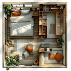Poster - 3d top view of guest room featuring a daybed and a wellorganized floor plan set against an isolated white background emphasizing room layout and furniture placement