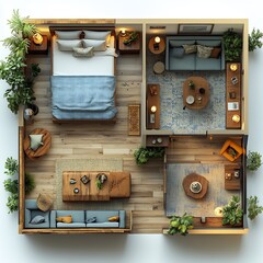 Poster - 3d top view of guest room featuring a daybed and a wellorganized floor plan set against an isolated 