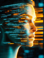 Poster - A blue-tinted digital portrait of a female face, intertwined with pixelated streams, illustrating technology and human connection.