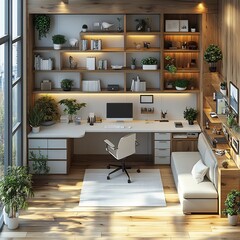 Poster - 3d top view of modern minimalist study room featuring a white desk minimalist chair and floating shelves floor plan displayed on a white background emphasizing functionality