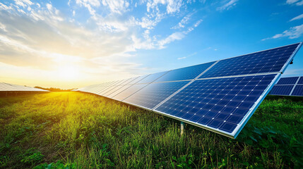 Solar panels in a green field with a blue sky and sunlight, a photovoltaic power plant technology for a sustainable energy source.