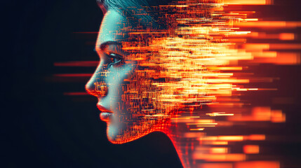 Wall Mural - An abstract female digital portrait with bright pixel streams highlights the blend between technology and the human essence today.