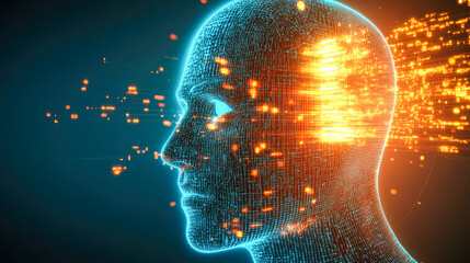 Poster - A digital head with glowing orange pixels, representing data and technology, abstract artistic style, futuristic vibe.