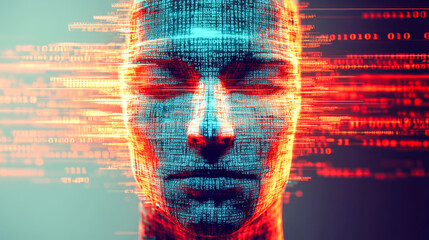 Poster - A serene expression combines with streams of binary data and intense colors to portray a futuristic blend of humanness and cyberspace.