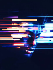Poster - A glossy face art piece with colorful streaks traversing the surface, representing emotion and digital abstraction's fusion.