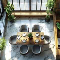 Poster - 3d top view of small dining area with a compact table and modern chairs detailed floor plan on a clean white background showcasing stylish and functional layout