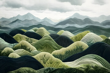 Stunning joyful mountain range in green and grey landscape textile art.