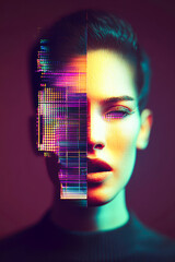 Poster - A half-glitched woman’s face, expressing the intersection of reality and digital realms. Modern artistry in portrait form.