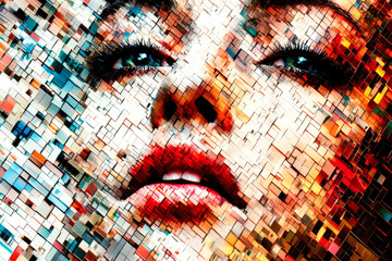 Poster - A vibrant portrait composed of small, colorful tiles, representing digital transformation and modern artistic expression.