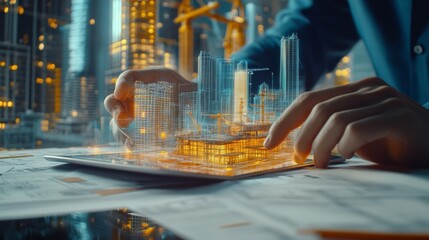 Wall Mural - A futuristic digital model of a building, being designed and manipulated on a tablet, with a backdrop of a bustling city skyline.