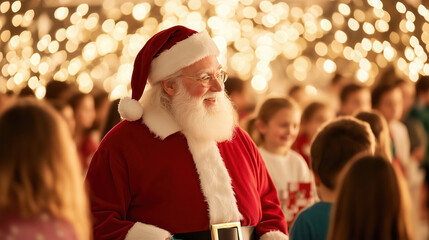 A joyful Santa Claus interacts with children in a festive setting adorned with sparkling lights, embodying the spirit of Christmas.