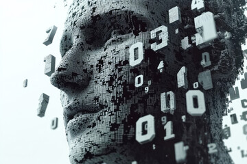 Poster - A face constructed from digital voxels and numerical data, emphasizing technology and the intricate structures of modern life.